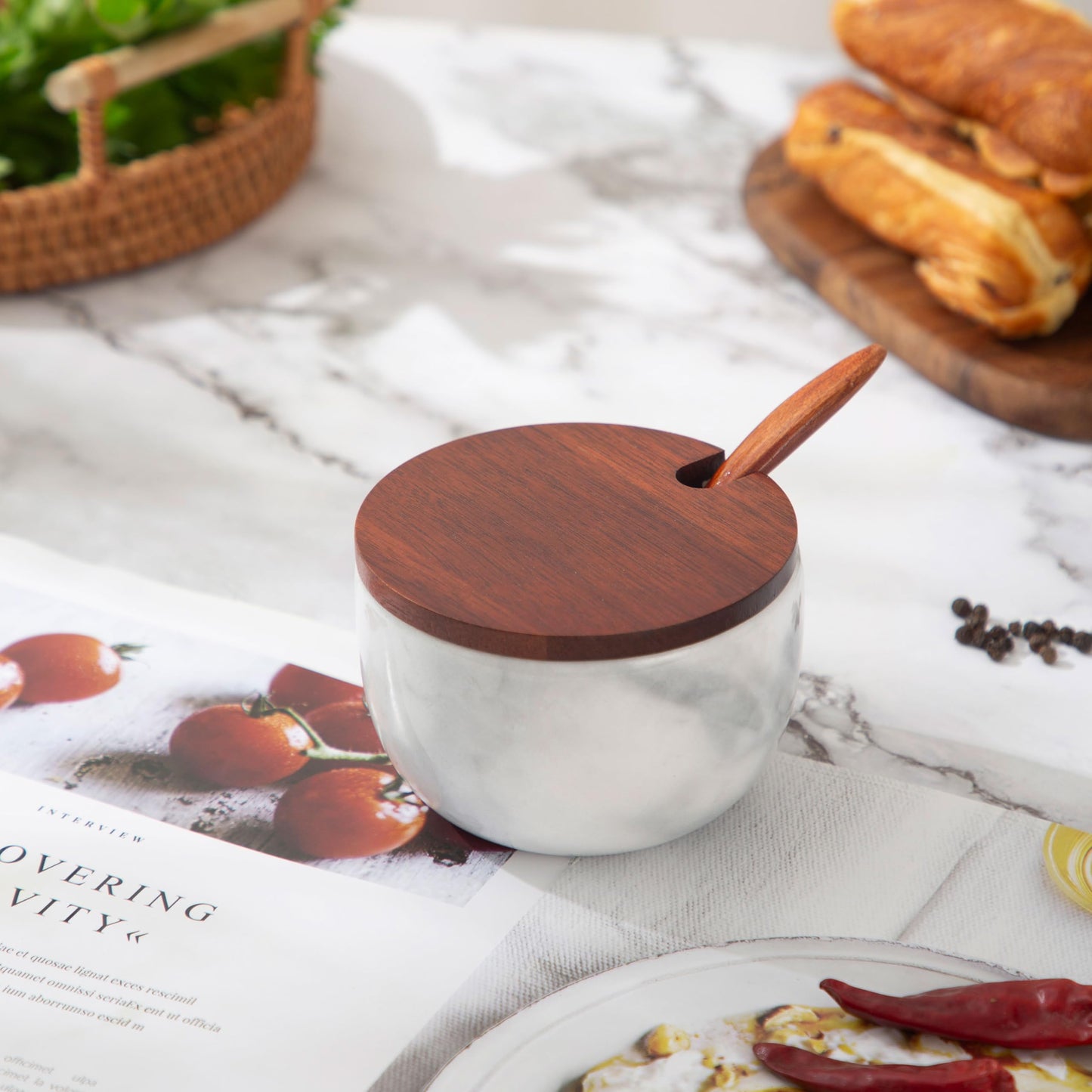NHKRTE Marble Salt Cellar with Lid & Spoon, 11oz Salt and Pepper bowls, Handcrafted from Natural Marble, Smooth Inside (white bowl)