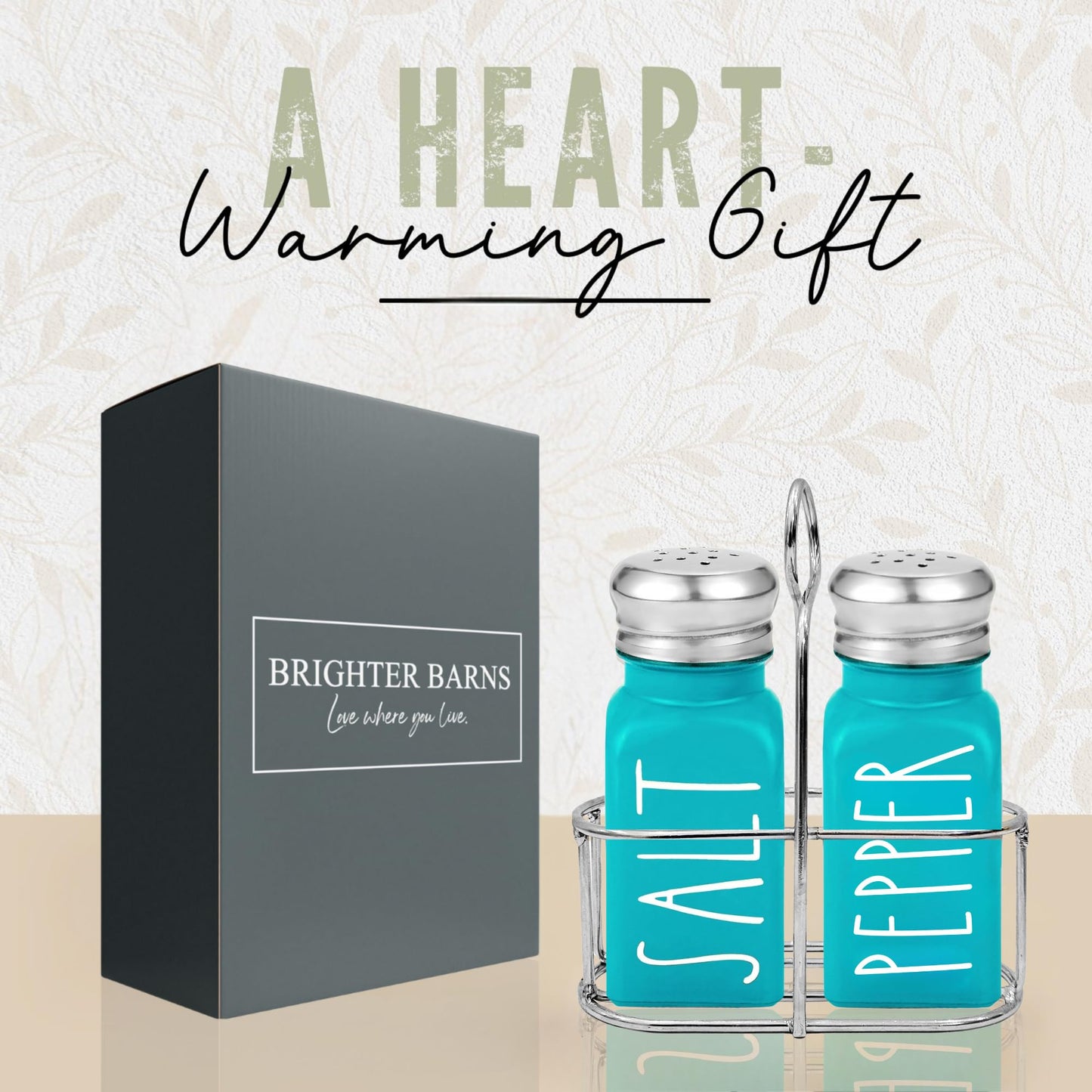 Teal Salt and Pepper Shakers Set with Holder by Brighter Barns - Turquoise Kitchen Decor and Accessories - Cute Salt and Pepper Set with Caddy - Modern Farmhouse Glass Shakers for Dining Table (Teal)
