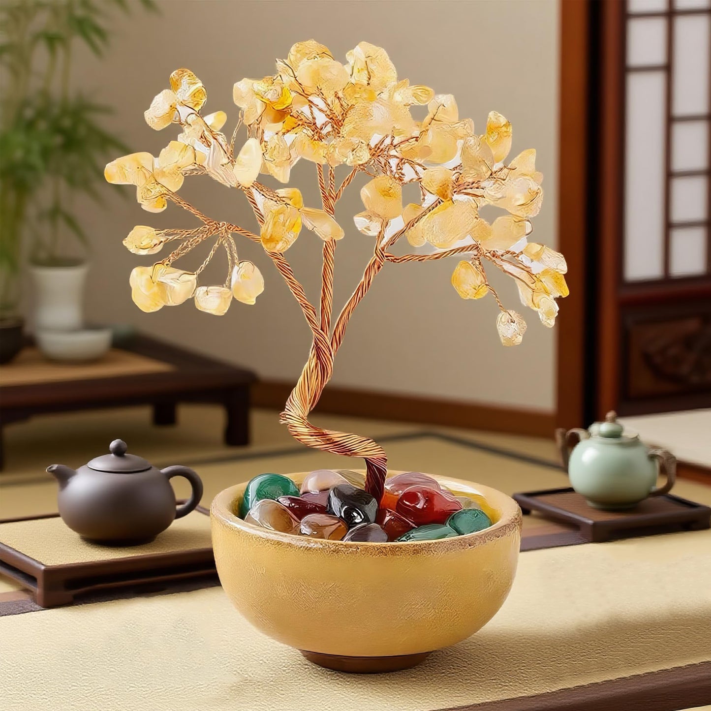Chiorgone Natural Citrine Crystal Money Tree - Feng Shui Bonsai for Wealth & Prosperity, Tabletop Decor Artificial Trees for Home Office with Ceramic Pot