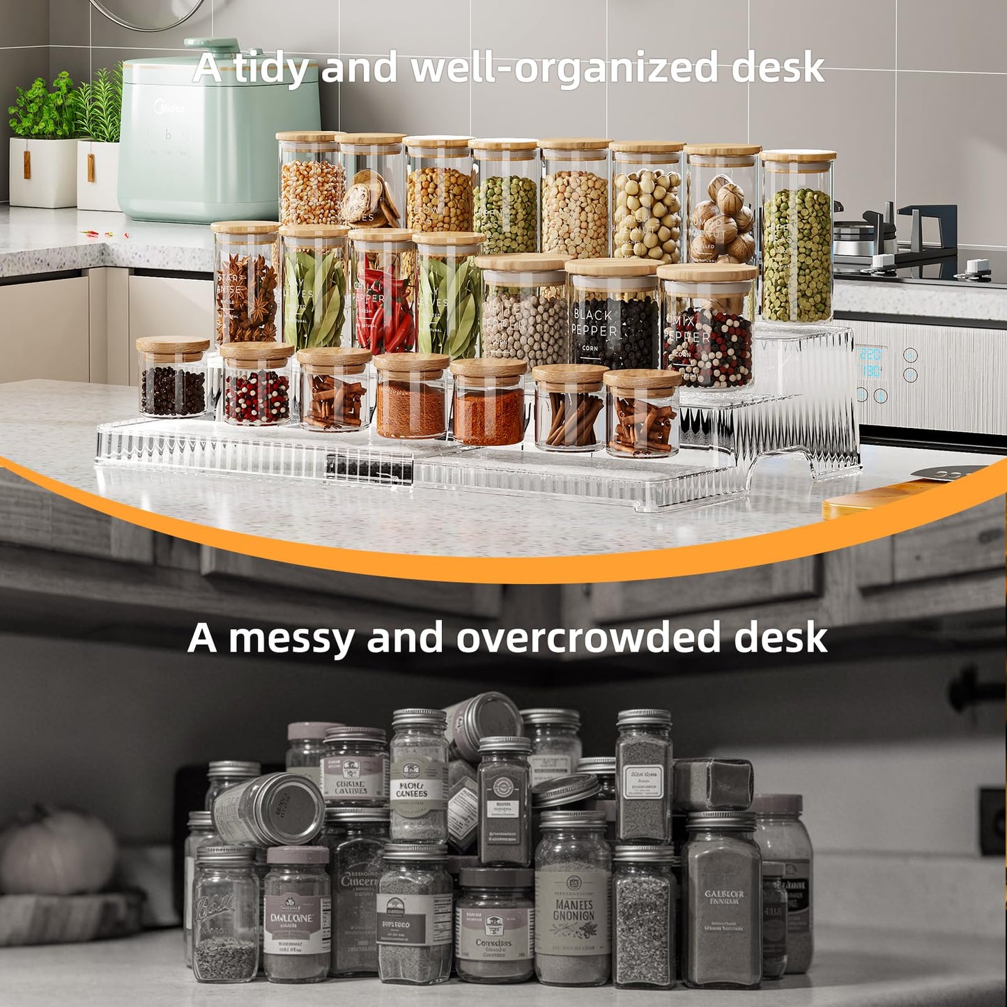 MSHOMELY 3-Tier Expandable Clear Spice Rack Organizer 2 Pack Adjustable Tiered Seasoning Shelf with Non-Slip Textured Surface, Multi-Purpose Cabinet Organizer for Kitchen Pantry Countertop Vanity