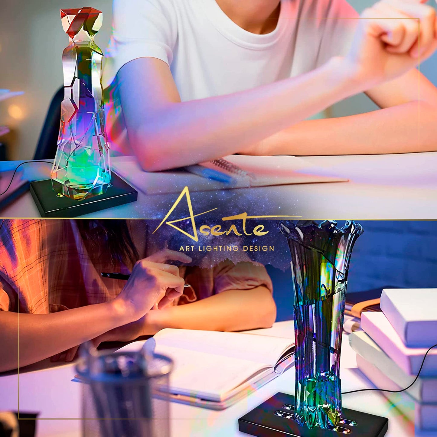 ASENTE 16 LED Multi-Color Light Stand Base- Lighted Acrylic Display, Crystal Display, Trophy & Art Hologram, 3D Pedestal Stand for Crafts, & Other Special Centerpieces, 4.5V AC/USB Adapter, Matte Black