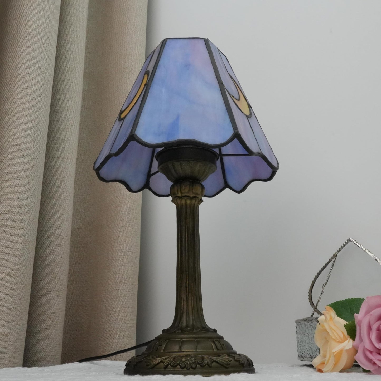 wecrejoni Tiffany Lamp Stained Glass lamp Small Bedside Table Lamps for Living Room Bedroom Dorm Kitchen Home Decor Festival Birthday Gift,Purple Moon