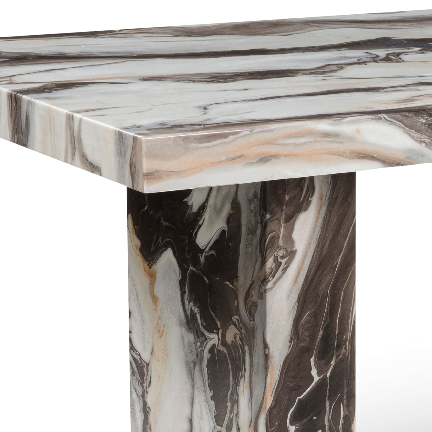 Roundhill Furniture Cavira 6-Piece Modern Faux Marble Dining Set, Double Pedestal Table with 4 Upholstered Chairs and a Bench