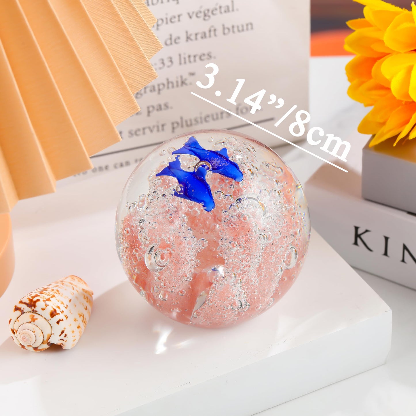 Qianwei Hand Blown Glass Figurines Ball Ocean Coral - Paperweight Glass Ball - Home Sea Decor Collectible - Aquarium Decor - Office Decor Ocean Lovers