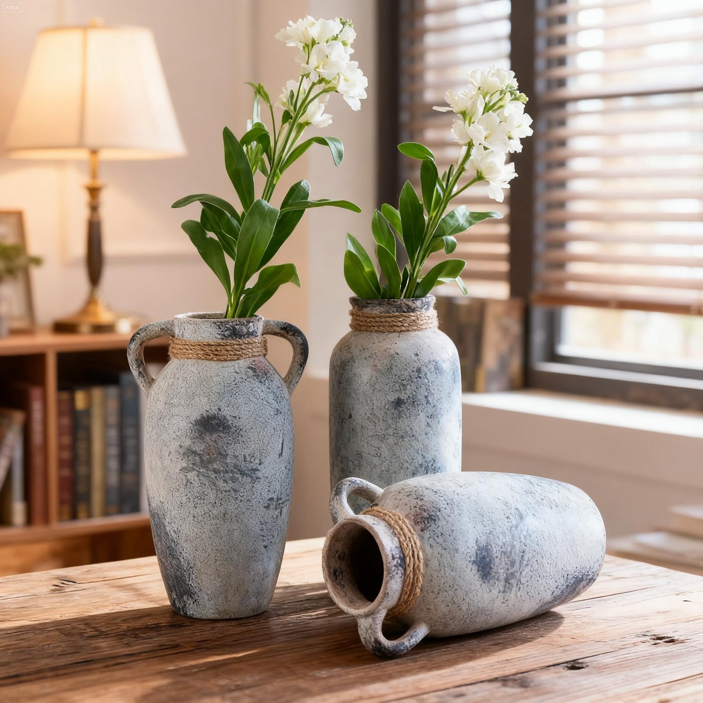XUANTGY Ceramic Flower Vase with 2 Handles,9.8 inch Large Farmhouse Rustic Terracotta Vases for Decor，Gray