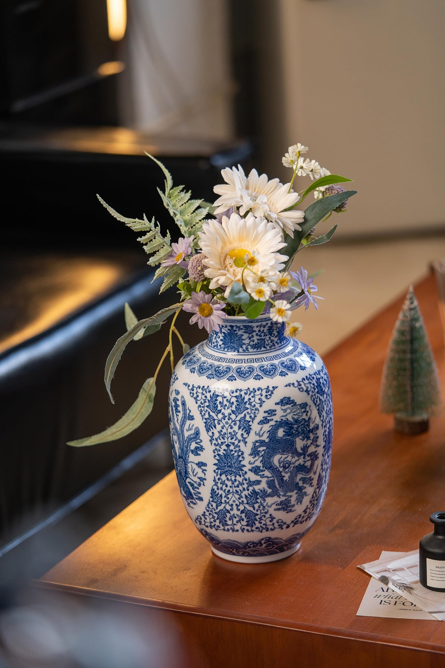 Blue and White Vase, Large Chinoiserie Vase Porcelain, Ginger Jar, Mantel Decor for Living Room & Home,11" H