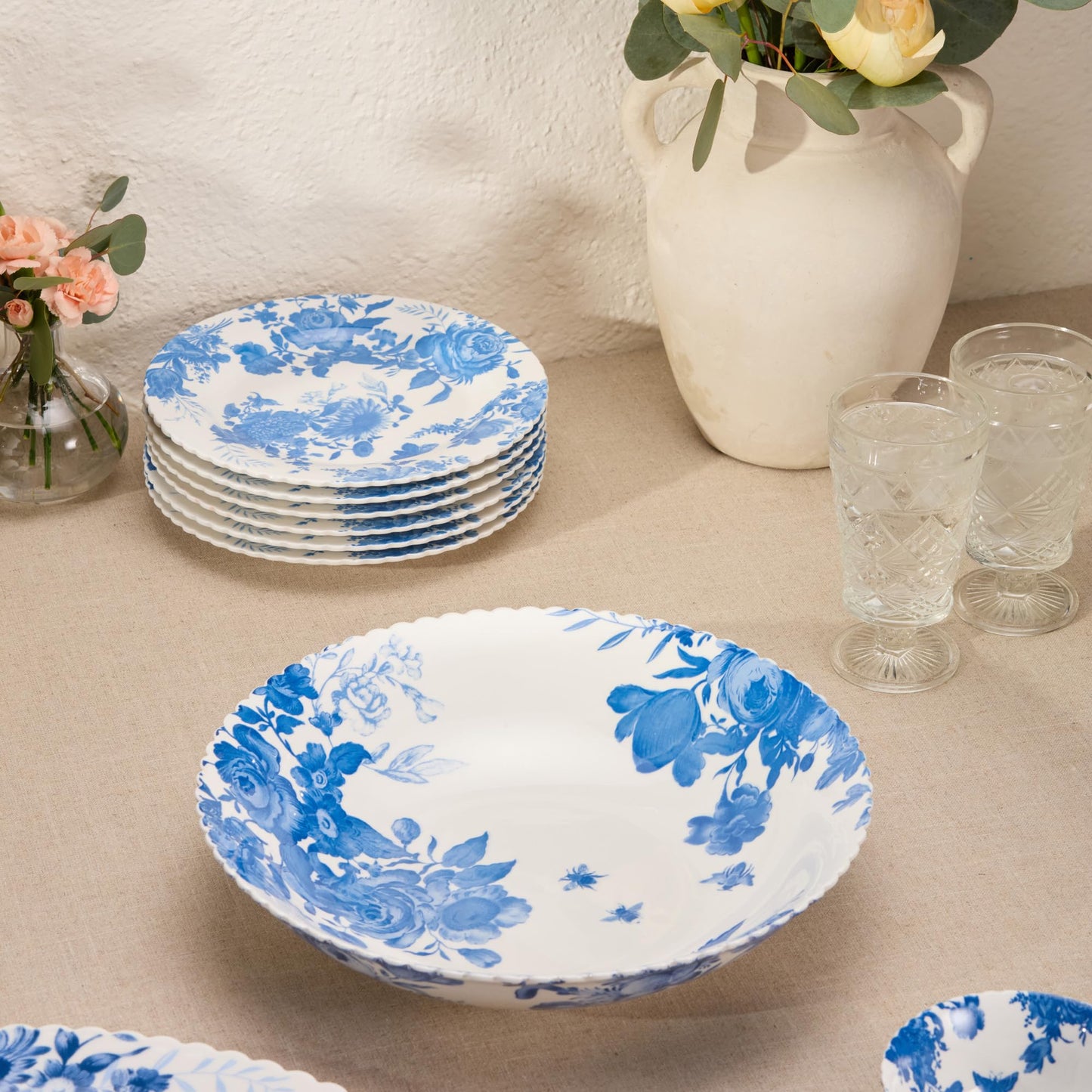 Gabrielle Blue Porcelain SERVING BOWL,12 Inches, scalloped floral toile bowl with interior and exterior artwork, elegant blue and white tableware for salads, pasta, vegetables, and fruit