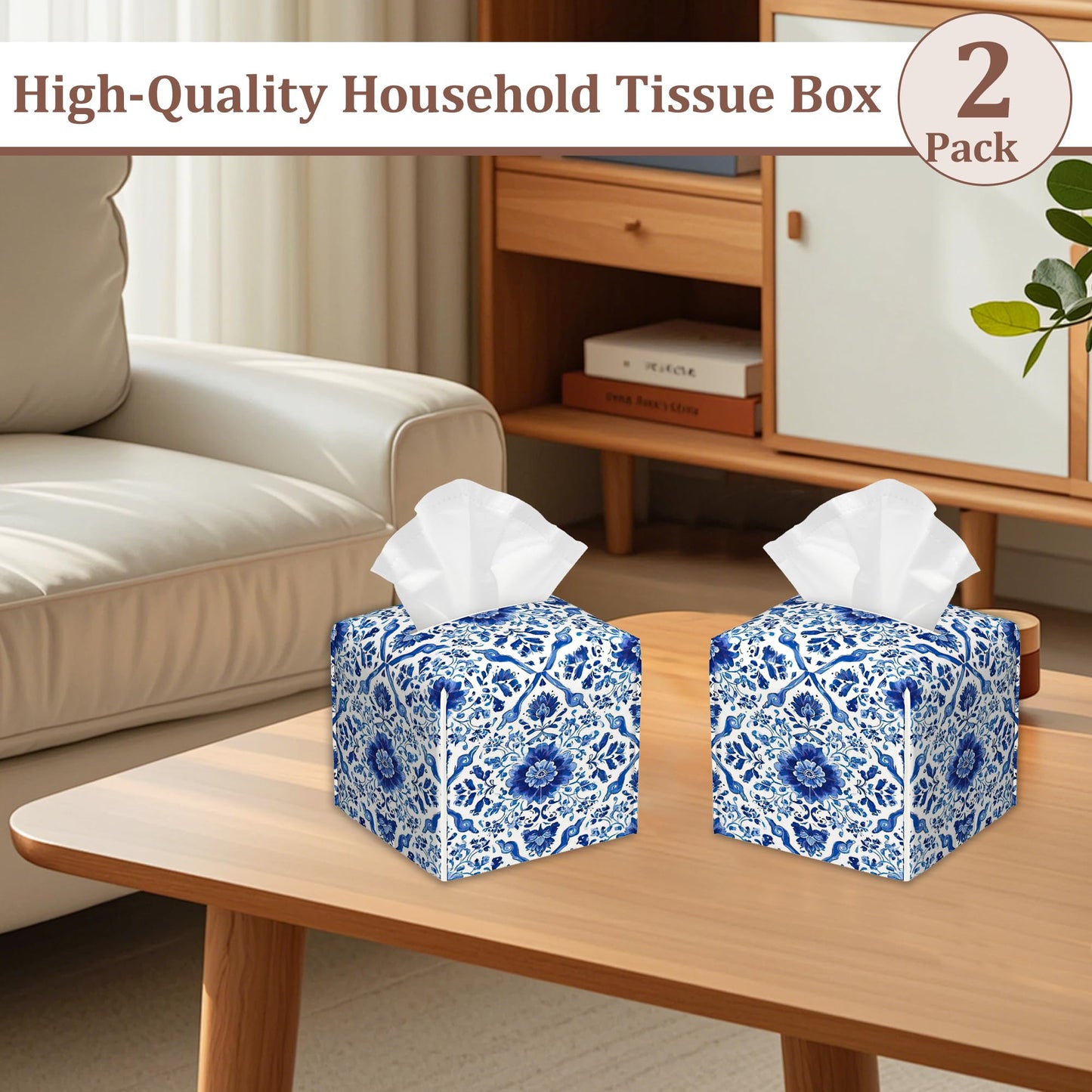 Blue White Ornament Tiles Tissue Box Cover Square Leather Tissue Case Holder Facial Paper Organizer Decorative for Tabletop Night Stands Desk Bathroom Kitchen Home Decor, 2Pack