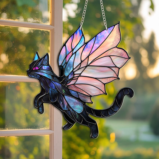 Bob22store Fairy Cat Black Stained Glass Style Suncatcher, 6 Inch Acrylic Window Hanging, Colorful Winged Cat Light Catcher Decor for Home or Garden, 2D Flat Ornament Gift for Friends & Pet Lovers