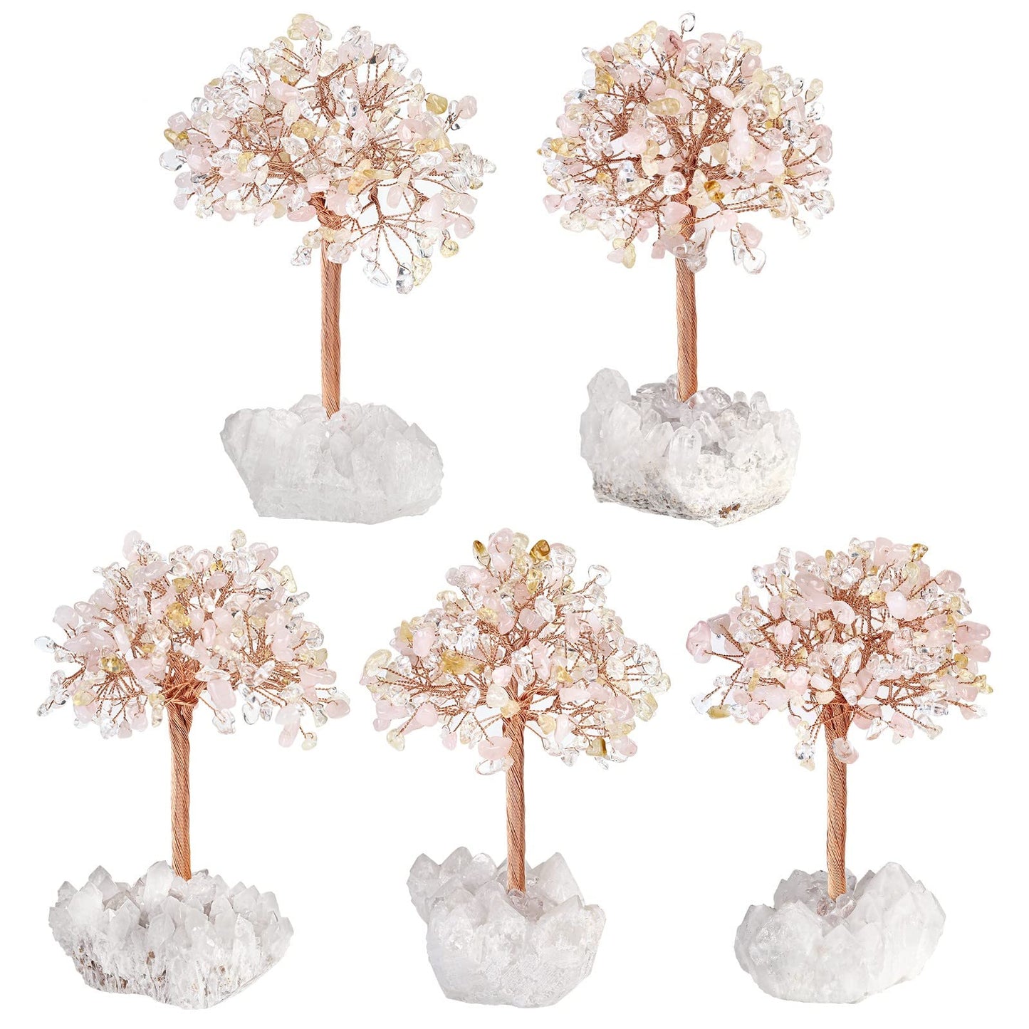mookaitedecor Natural Rose Quartz & Citrine & Rock Quartz Crystal Money Tree with Rock Quartz Cluster Base, Healing Crystal Feng Shui Tree for Table Display Home Decoration