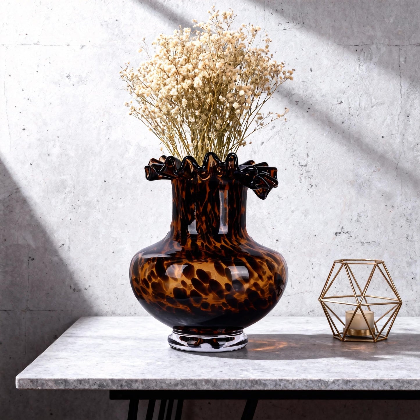 Amber Glass Vase – Tortoise Shell Design, Elegant Home Décor, Unique Centerpiece for Living Room, Office, Wedding Gifts, Art Glass Vase, Round Decorative Vase, Tortoise Shell Home Décor (S)