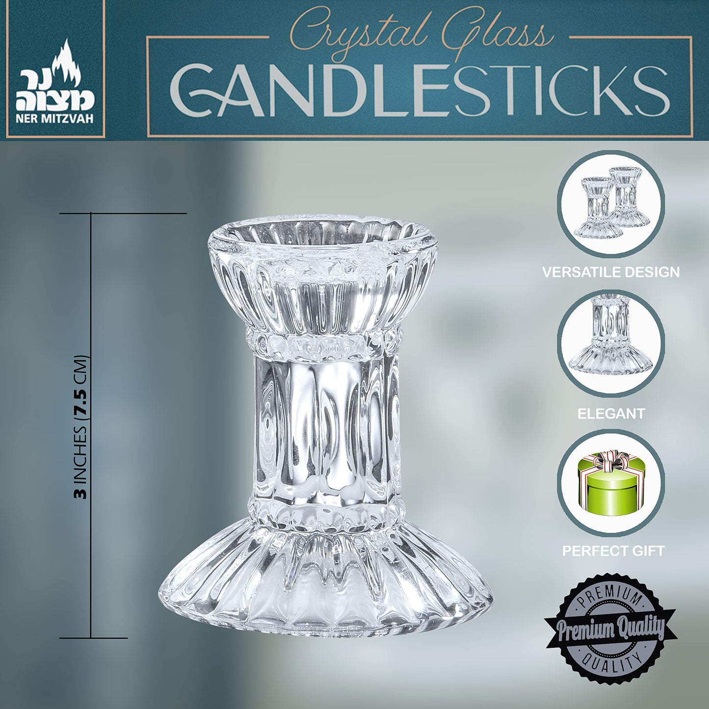 Ner Mitzvah Crystal Candle Holder Set of 2 - Crystal Glass 3" Tall Candlestick Holders for Taper Candles