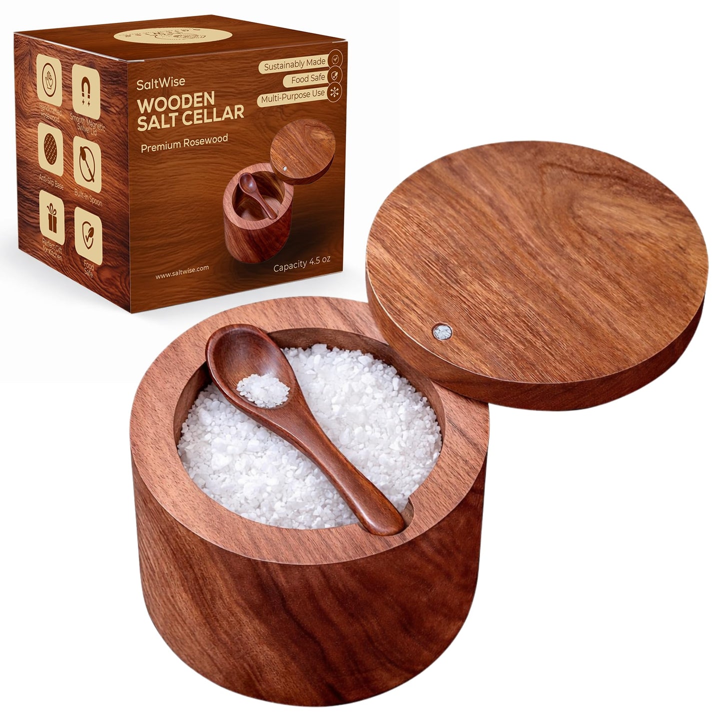 Wooden Salt Cellar with Magnetic Swivel Lid & Built-in Spoon, Salt Box for Kitchen Countertop, Premium Rosewood Salt Keeper for Sea Salt, Pepper & Spices (4.5 oz)