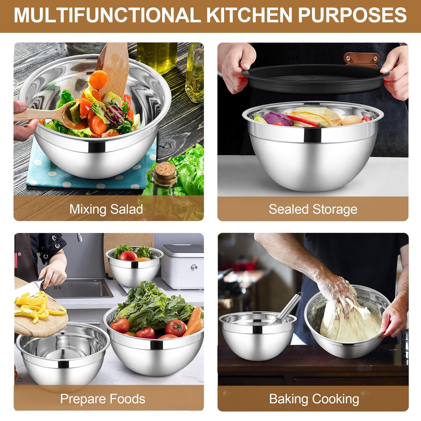 LIANYU 6 Piece Mixing Bowls with Lids Set, Size 7 & 3.5 & 2.5 & 2 & 1.5 & 1QT, Stainless Steel Cooking Serving Bowls, Metal Kitchen Nesting Bowl for Prepping & Food Storage, Dishwasher Safe, Khaki
