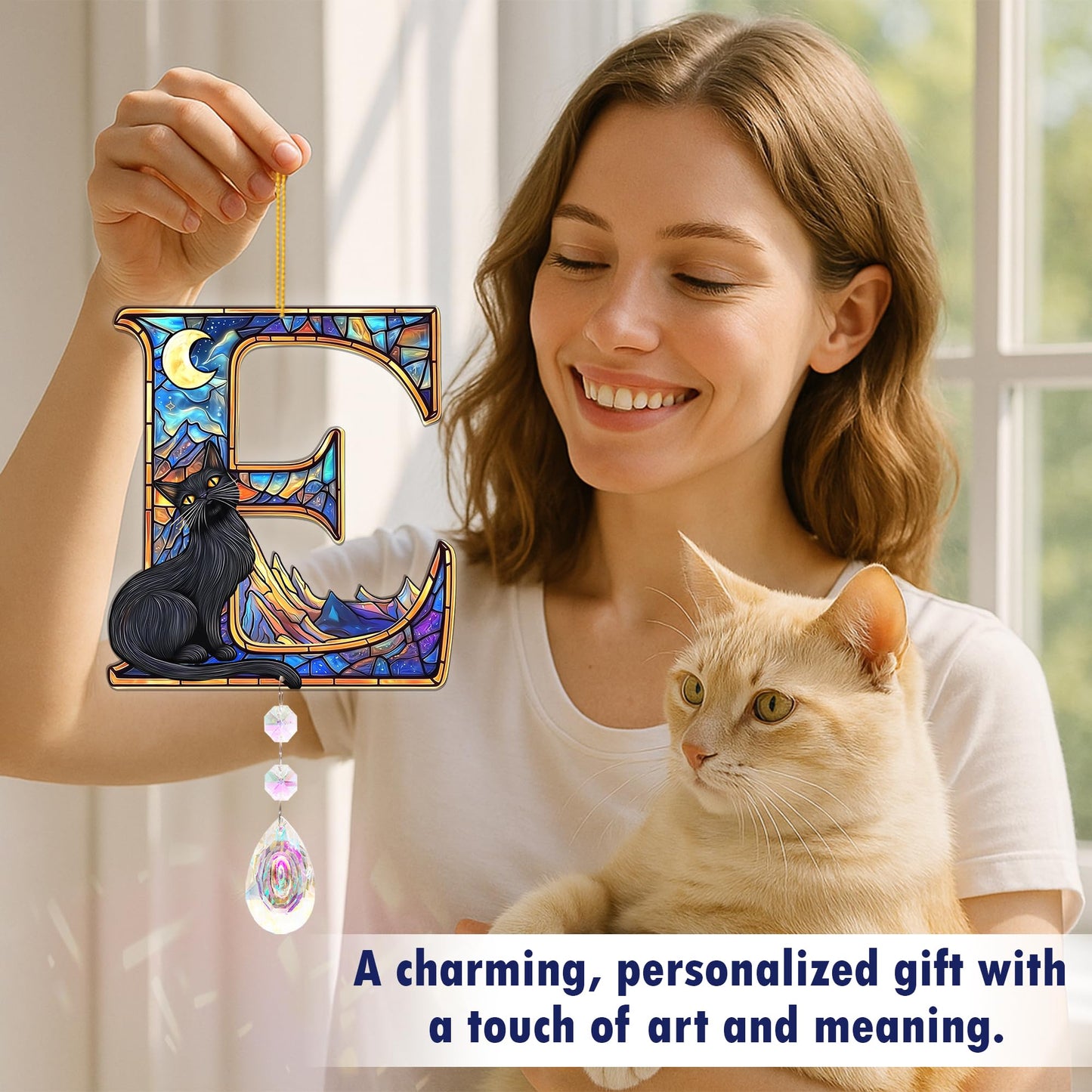 Suncatchers for Windows Hanging, Cat Starry Night Gifts for Women, Crystal Sun Catchers Indoor Window Rainbow Maker. Black Cat Lover Gifts for Women Personalized - Letter E