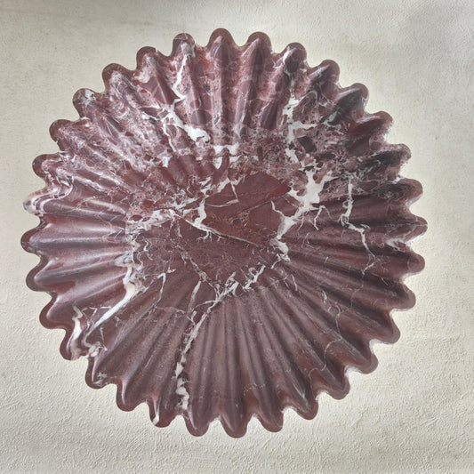 SourcTrek Ruffle Scallop Decorative Bowl,10-inch Large Natural Stone Purplish Red Bowl,Modern Handicraft Fruit Bowl and Key Bowl for Kitchen Counter Entryway (Rosa Levanto)