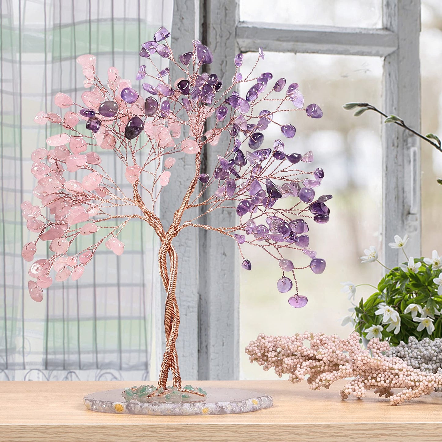rockcloud Amethyst & Rose Quartz Crystal Money Tree with Agate Slice Base