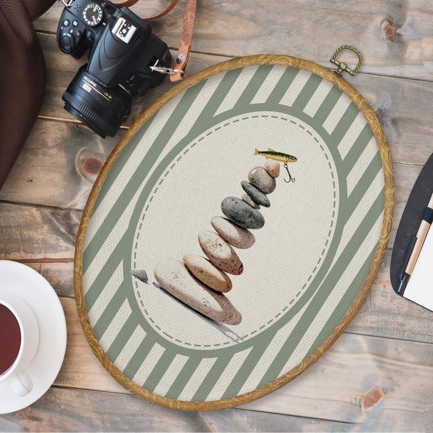 CGBHW Stacking Stones Fish Zen Oval Wall Art Decor, Lake House Canvas Prints Framed, Green Striped Calming Stones with Fish Lure Wall Art Hanging Decor for Home Kitchen Bedroom Zen Room, 8.6x11.4 Inch