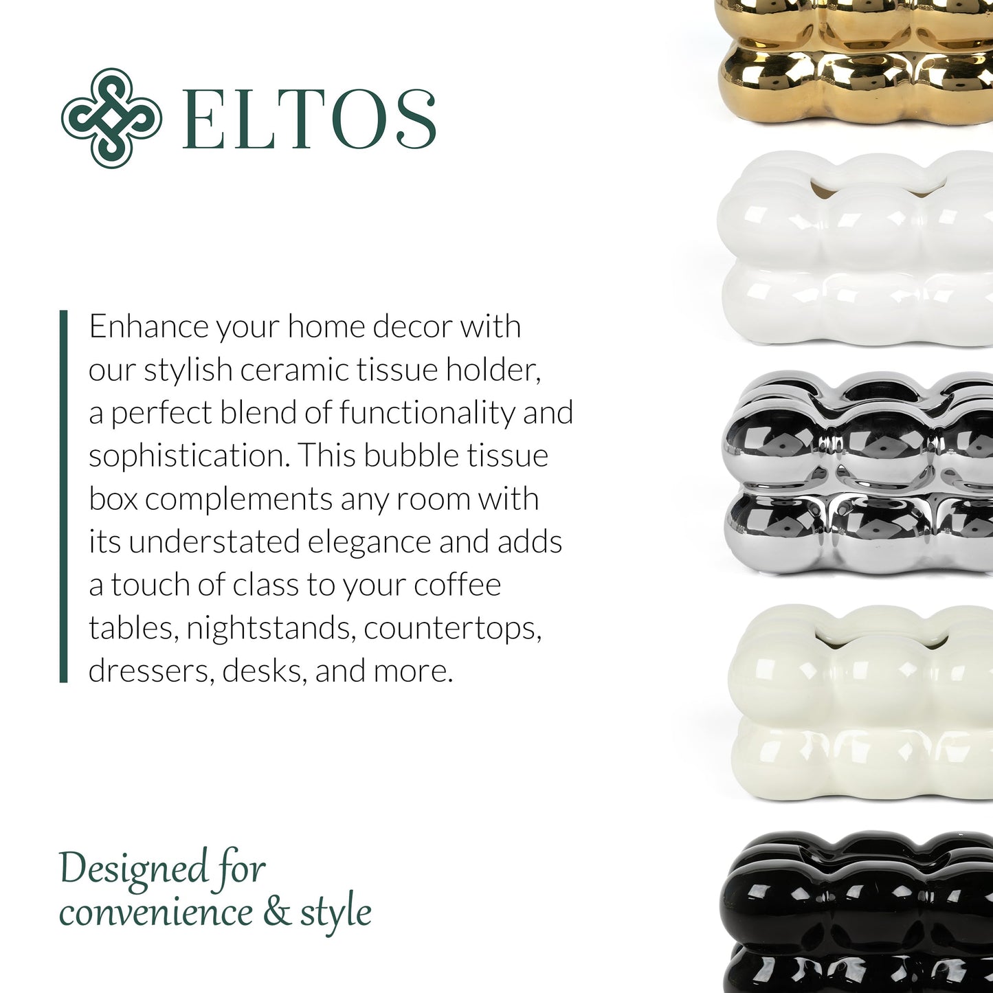 ELTOS Decorative Ceramic Tissue Paper Holder Box, Novelty, Modern Design, for Bathroom Vanity, Living Room, Bedroom Dresser, Night Stand, Kitchen Countertop, Office Desk, Home Decor, Cream