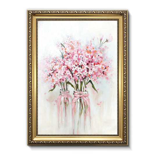 DNDXXUU Vintage Shabby Chic Pink Wildflowers in Glass Vase, Oil Painting Style Antique Gold Beveled Frame with Scrollwork, Cottagecore Aesthetic Decor for Bathroom, 9x11 Inch