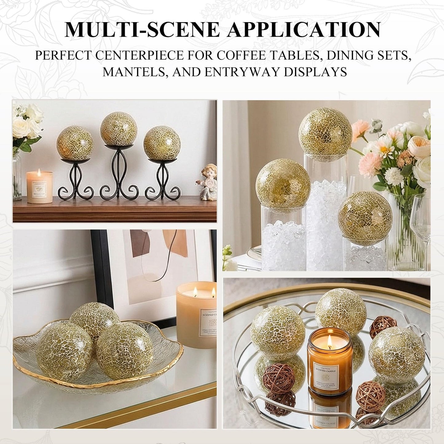DomeStar 3PCS Decorative Balls, Mosaic Glass Orbs Centerpiece Balls 4inch Gold Orbs for Decorate Bowls Vases Tables Wedding Party