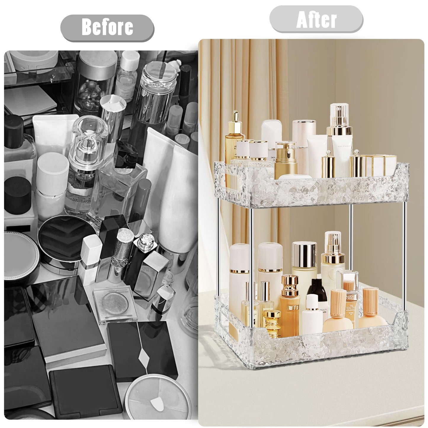 TENDER EPOCH 2-Tier Bathroom Counter Organizer Countertop Storage, Dresser Organizer Vanity Tray for Makeup, Perfume Organizer Cosmetics Skincare Shelf - Clear