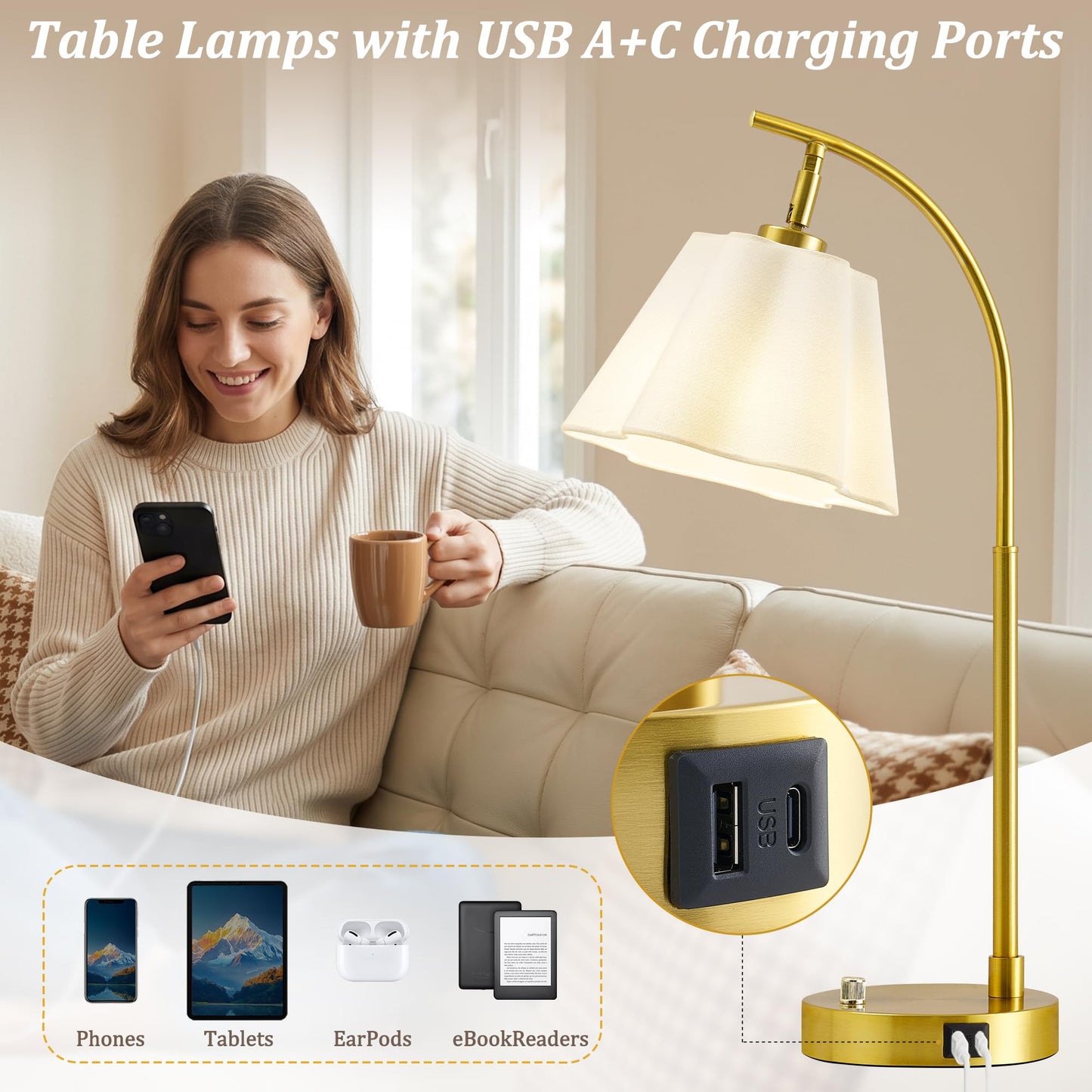Gold Table Lamp Set of 2, Bedside Table Lamp with USB C+A Ports, Stepless Dimmable Nightstand Lamp, Small Cute Bedroom Lamps, Flower Lamp for Bedroom, Living Room, Home Office(Bulbs Included, Gold)