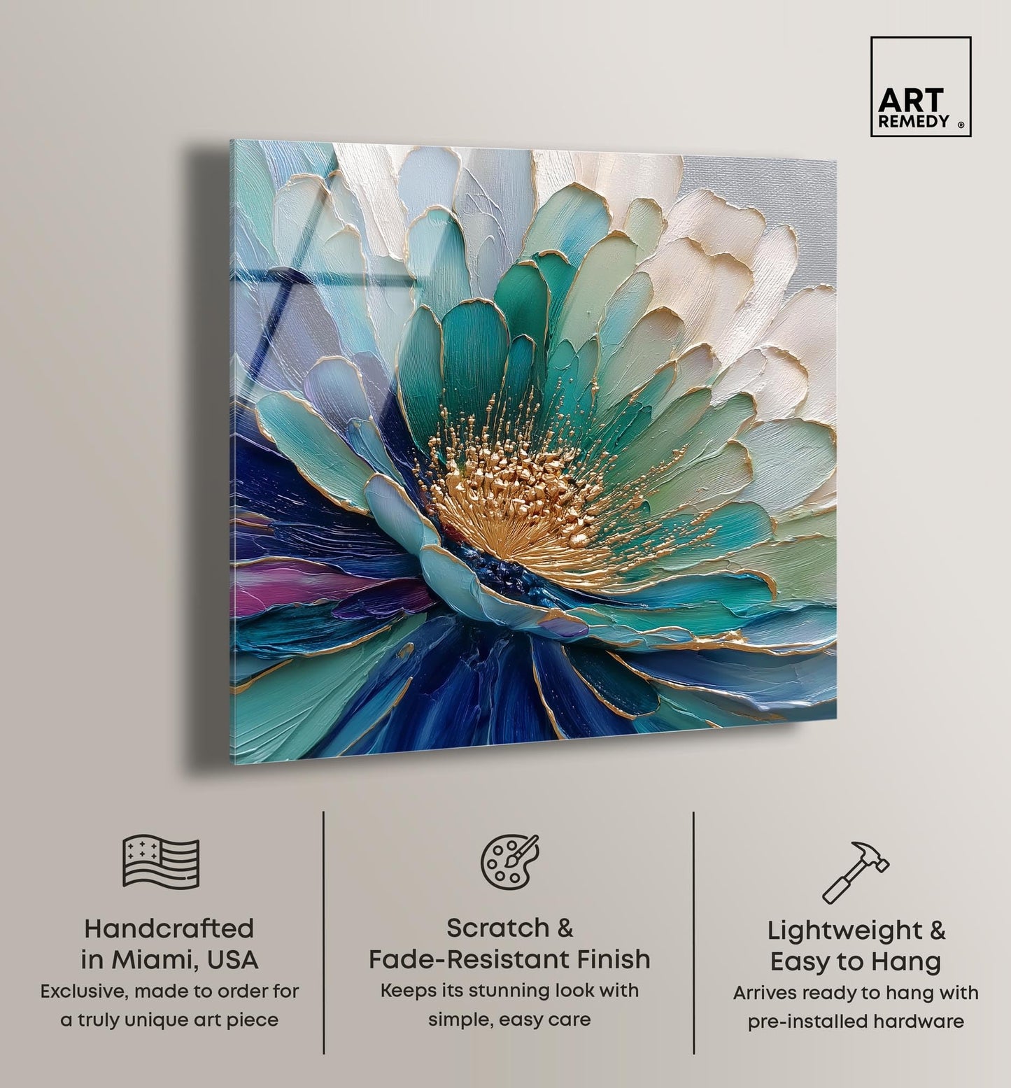 Sculpted Teal Bloom Acrylic Print Floral Wall Decor by Art Remedy, Ready to Hang, 12 x 12