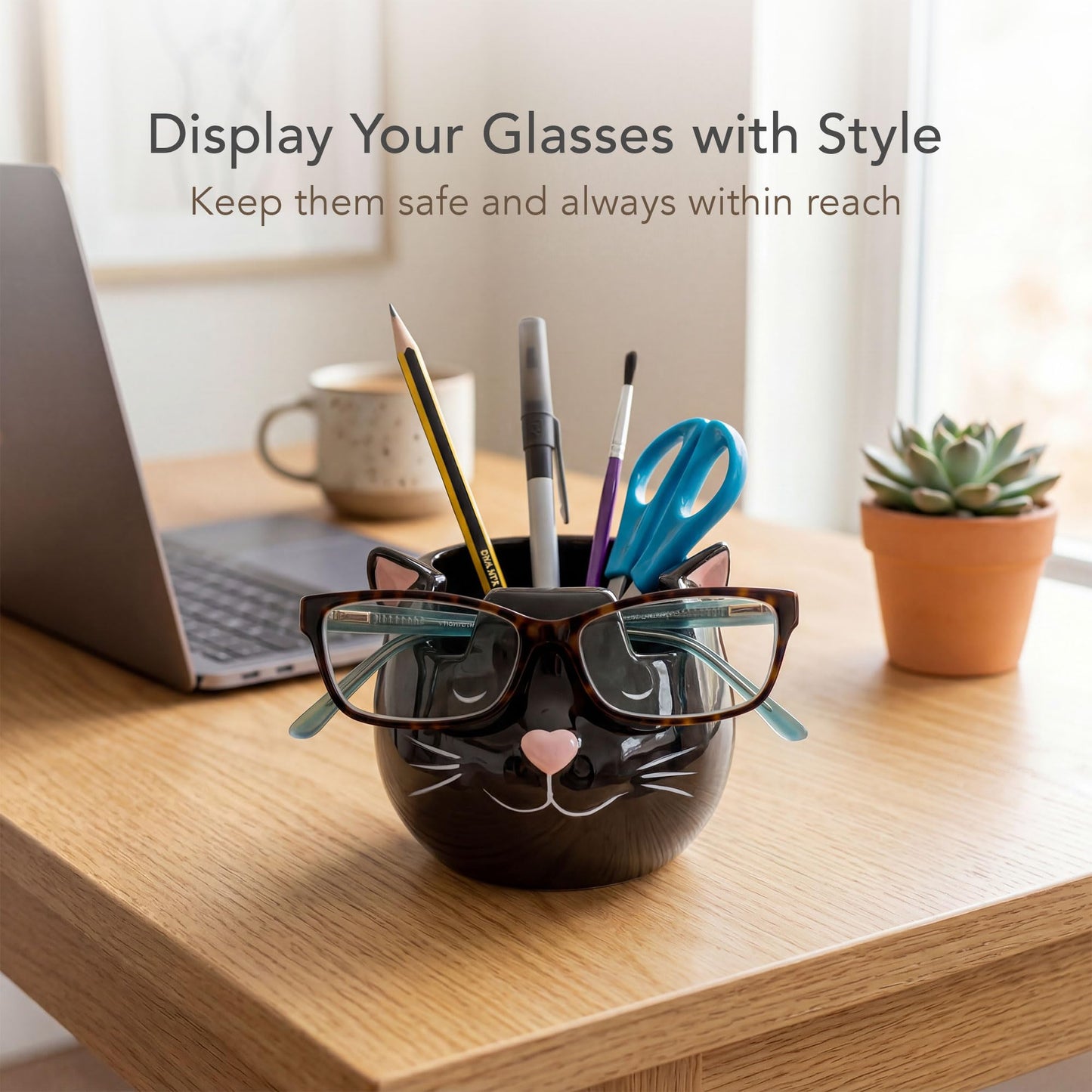 Luvberries Cat Glasses Holder Stand and Vase - Black Cat Ceramic Sunglasses and Eyeglasses Stand Cat Lady Gift Display and Decor Organizer for Desk Accessories and Stationery Items