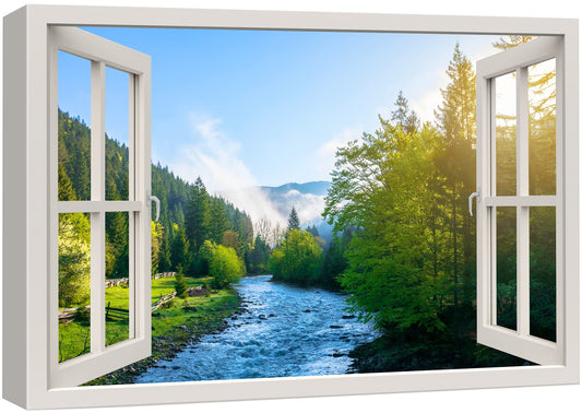 wall26 Canvas Print Wall Art Window View River Rapids Bright Green Forest Trees Wilderness Nature Photography Realism Scenic Landscape Colorful Multicolor for Living Room, Bedroom, Office - 24"x36"