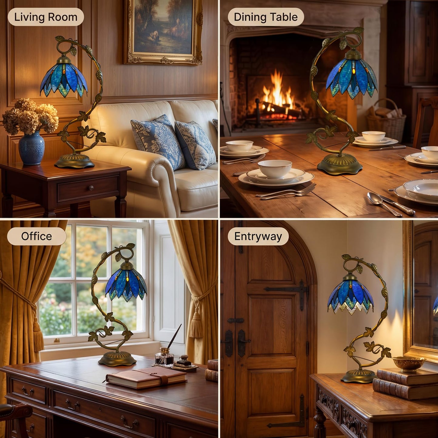 Drqvonth Tiffany Table Lamp, Blue Petal Stained Glass, Metal Leaf Base
