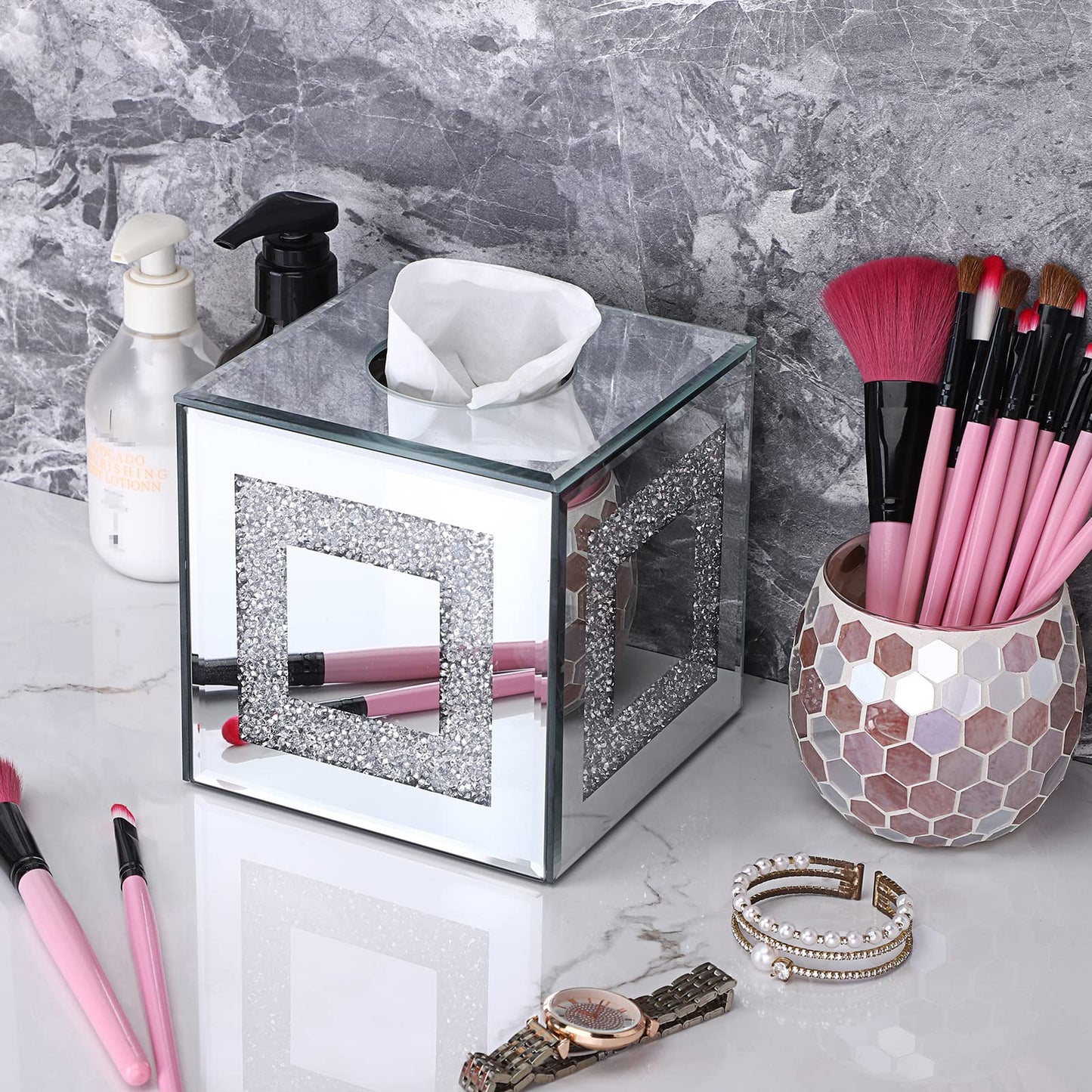 Sumnacon Crystal Square Tissue Box Cover - Sparkly Glass Cube Tissue Box Holder, Decorative Facial Tissue Holder for Bathroom Vanity Dresser Night Stand Table Countertop Office Home Decor, Silver
