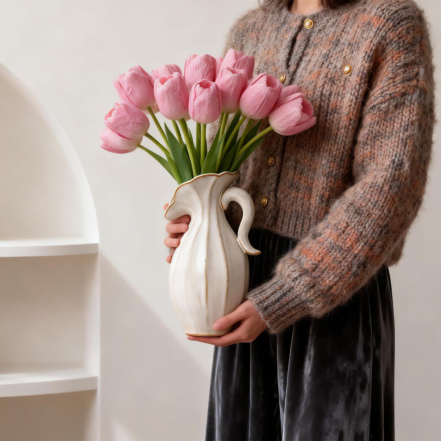 Evaithou Ceramic Pitcher Vase, 7.7" Cream White Reactive Glaze