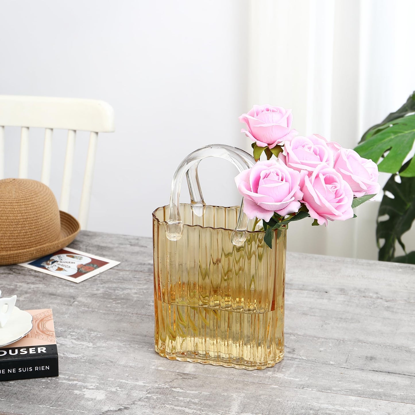 PORPAN Purse Vase, Glass Bag Vase, Glass Purse Vase for Flowers, Amber Glass Vase, 11.2 Inch Large Glass Flower Vases, Ribbed Vases for Wedding, Living Room, Bedroom, Table, Office