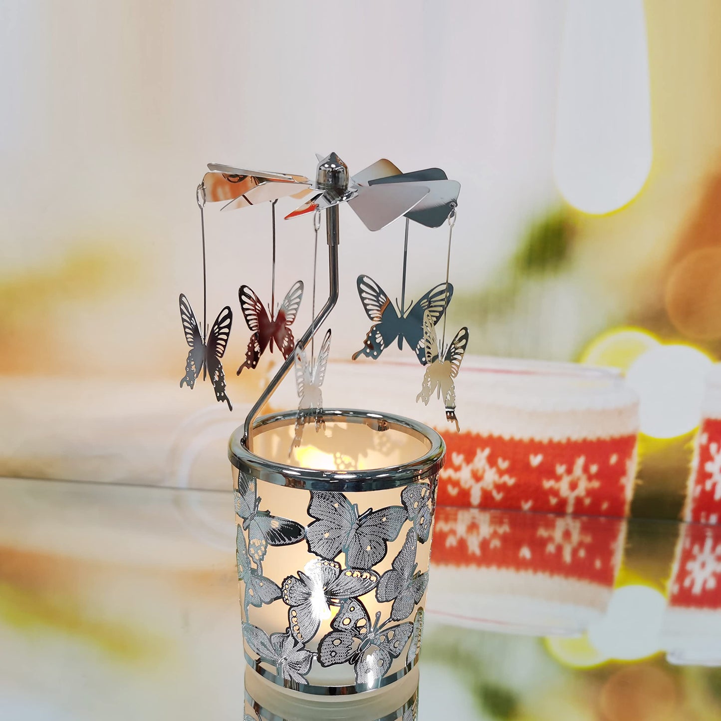 kingnero Carousel Candle Rotary Candle Holder Spinning Candleholder Metal Tea Light Candlestick for Home Decor (Silver Butterfly)