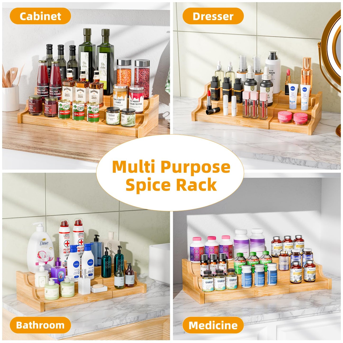Simple Trending Spice Rack Kitchen Cabinet Organizer, 3 Tier Bamboo Expandable Spice Storage, Display Shelf for Cupboard, Pantry, Yellow