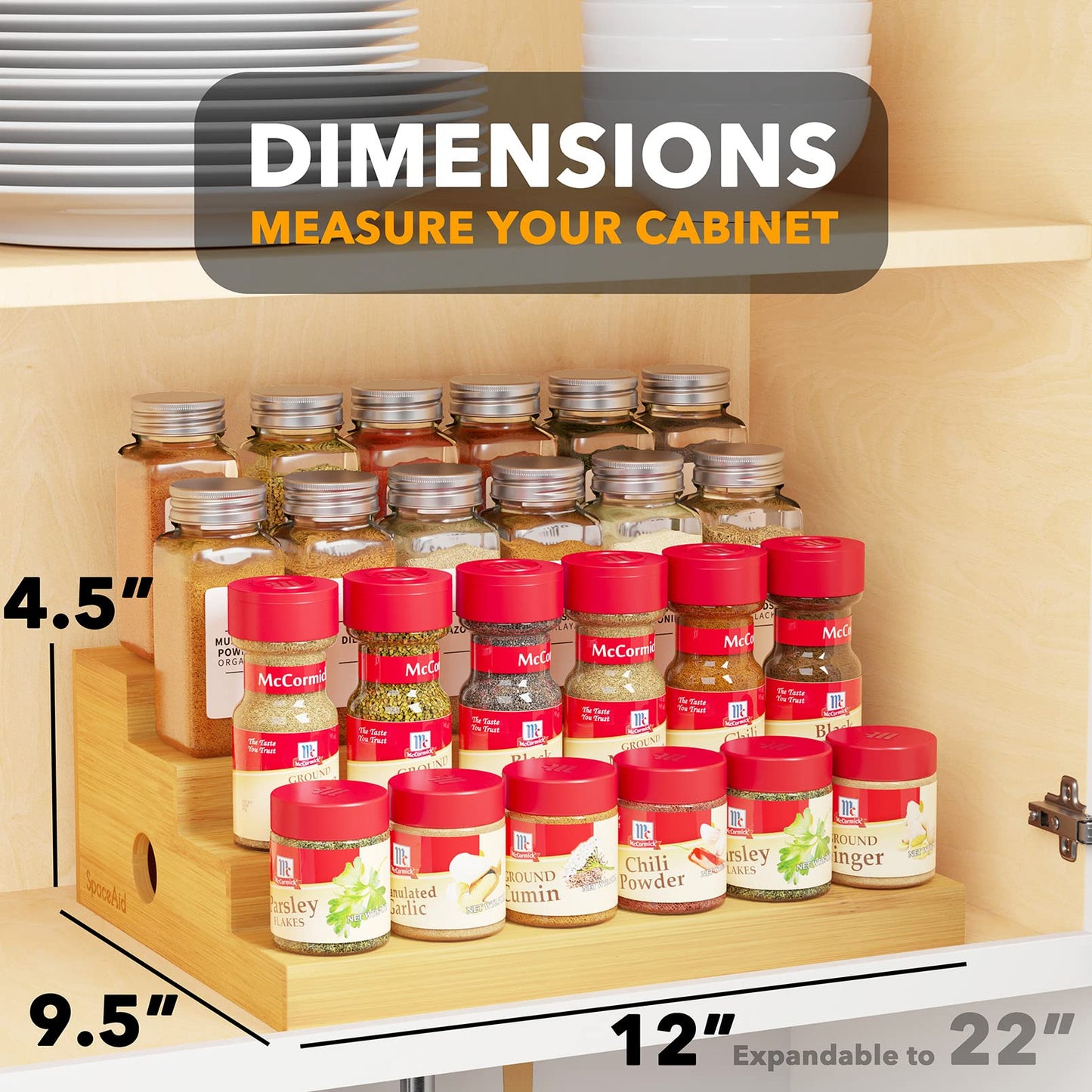 SpaceAid 4 Tier Bamboo Spice Rack Organizer for Cabinet, Kitchen Pantry Spices Storage Rack for Cabinets Organization, Home Seasoning Tiered Can Goods Racks Wood Shelf Organizers (4 Tier, Natural)