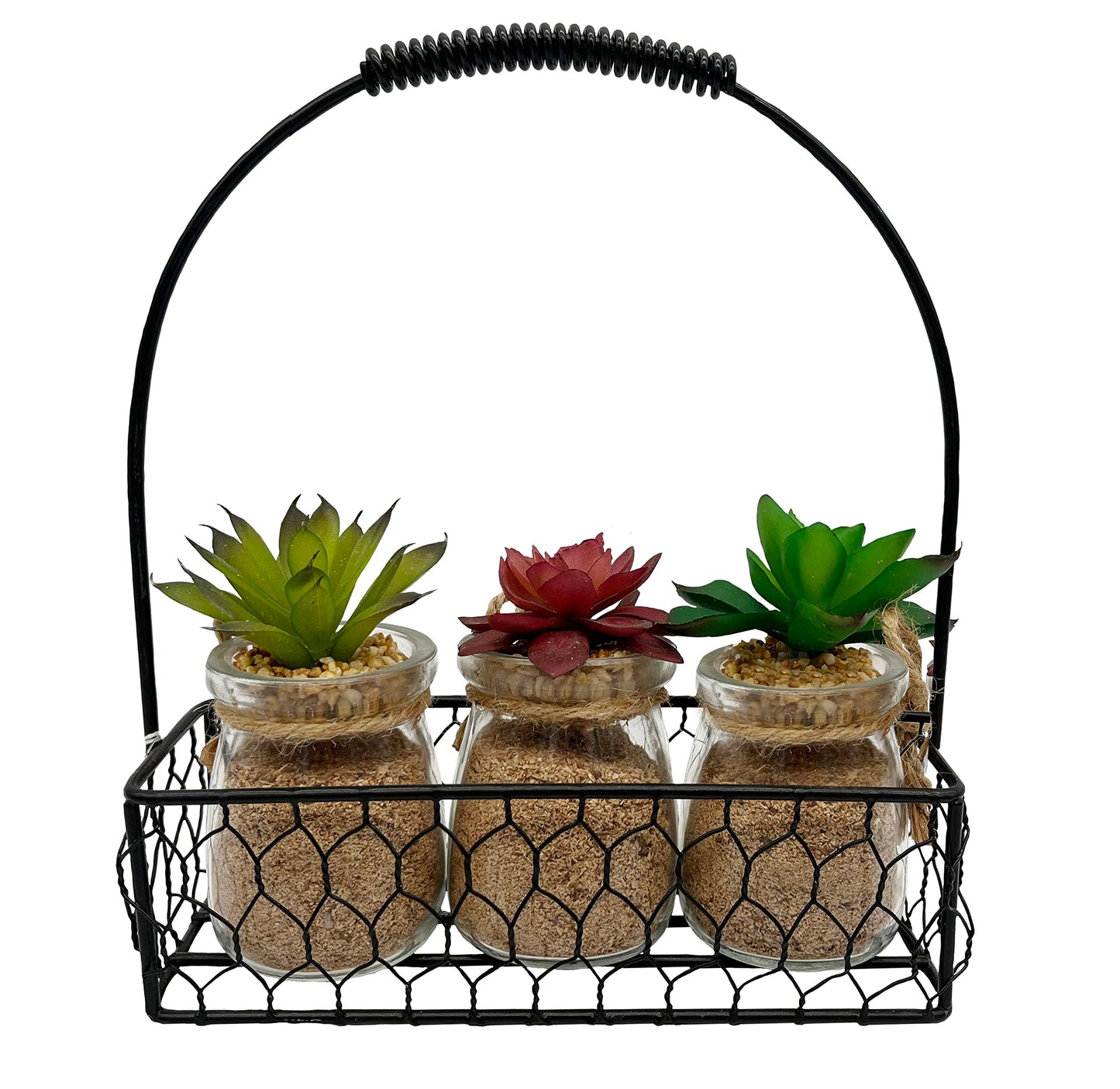 Admired by Nature 3pcs Succulents in Glass Jar W/Metal Basket Indoor Spring Summer Faux Plant décor, Wedding Centerpieces, Tabletop, Home Décor, Office Desk, Kitchen Table Décor, Green
