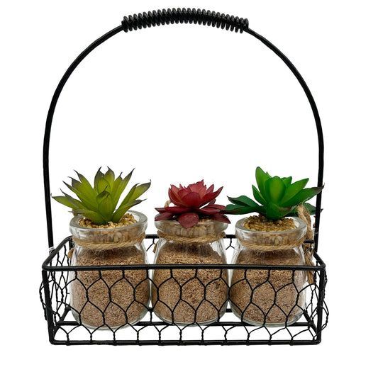 Admired by Nature 3pcs Succulents in Glass Jar W/Metal Basket Indoor Spring Summer Faux Plant décor, Wedding Centerpieces, Tabletop, Home Décor, Office Desk, Kitchen Table Décor, Green
