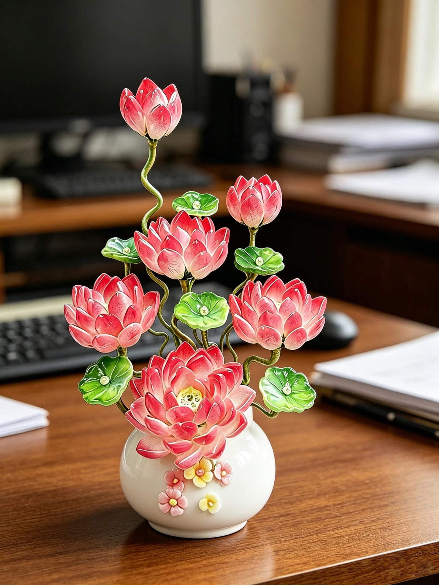 Handmade Art Glass Lotus Flower Arrangement in Vase, Blue Glass Floral Sculpture, Elegant Home Decor Accent, Decorative Centerpiece Gift for Mom, Women, Housewarming (Rose Pink)