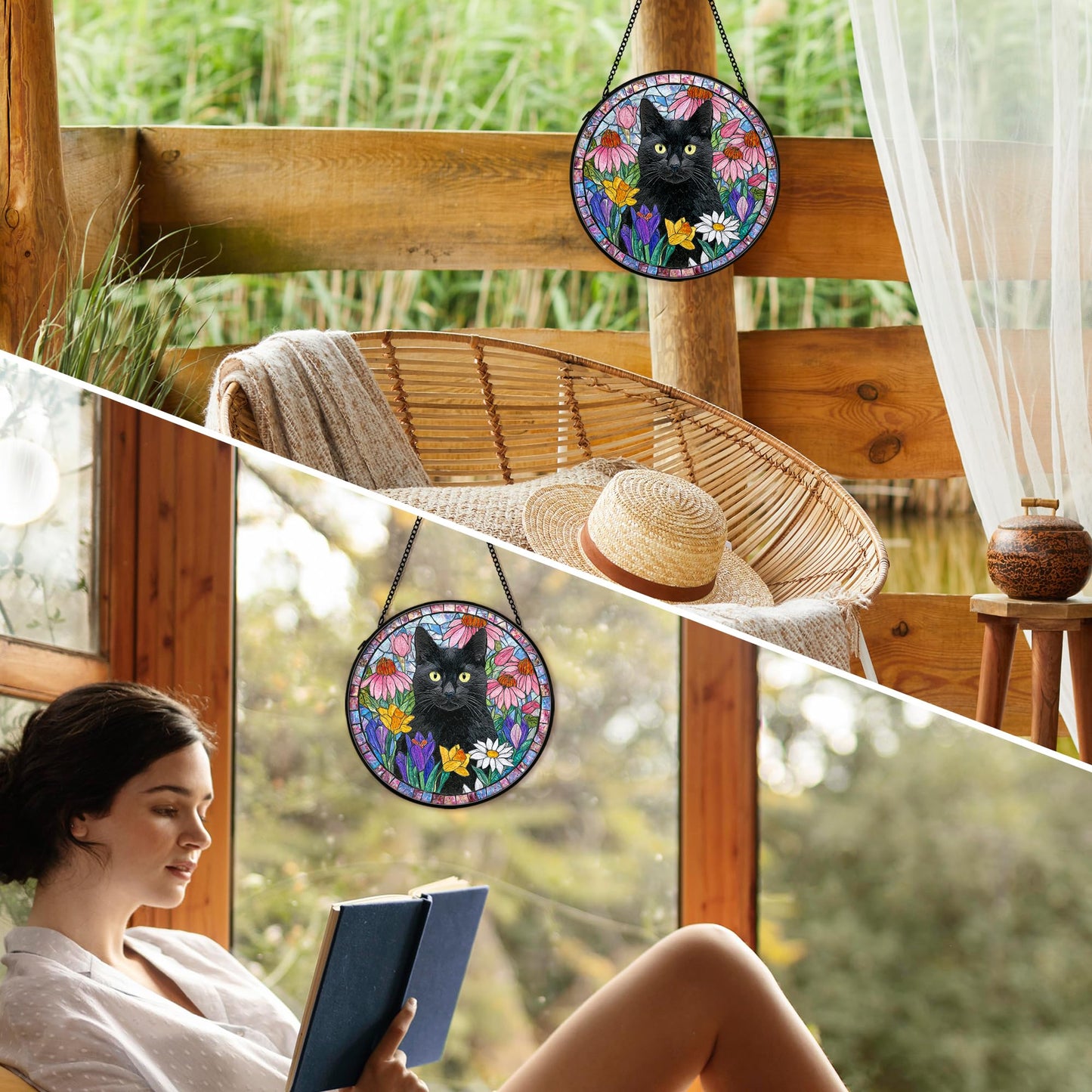 cvjutf Black Cat Suncatcher Stained Glass Window Hanging Decor Ornaments, Black Cat Owner Memorial Sun Catchers Wall Art Gifts for Women, Floral Flower Garden Lawn Stained Glass Wall Decor, 7.9x7.9In