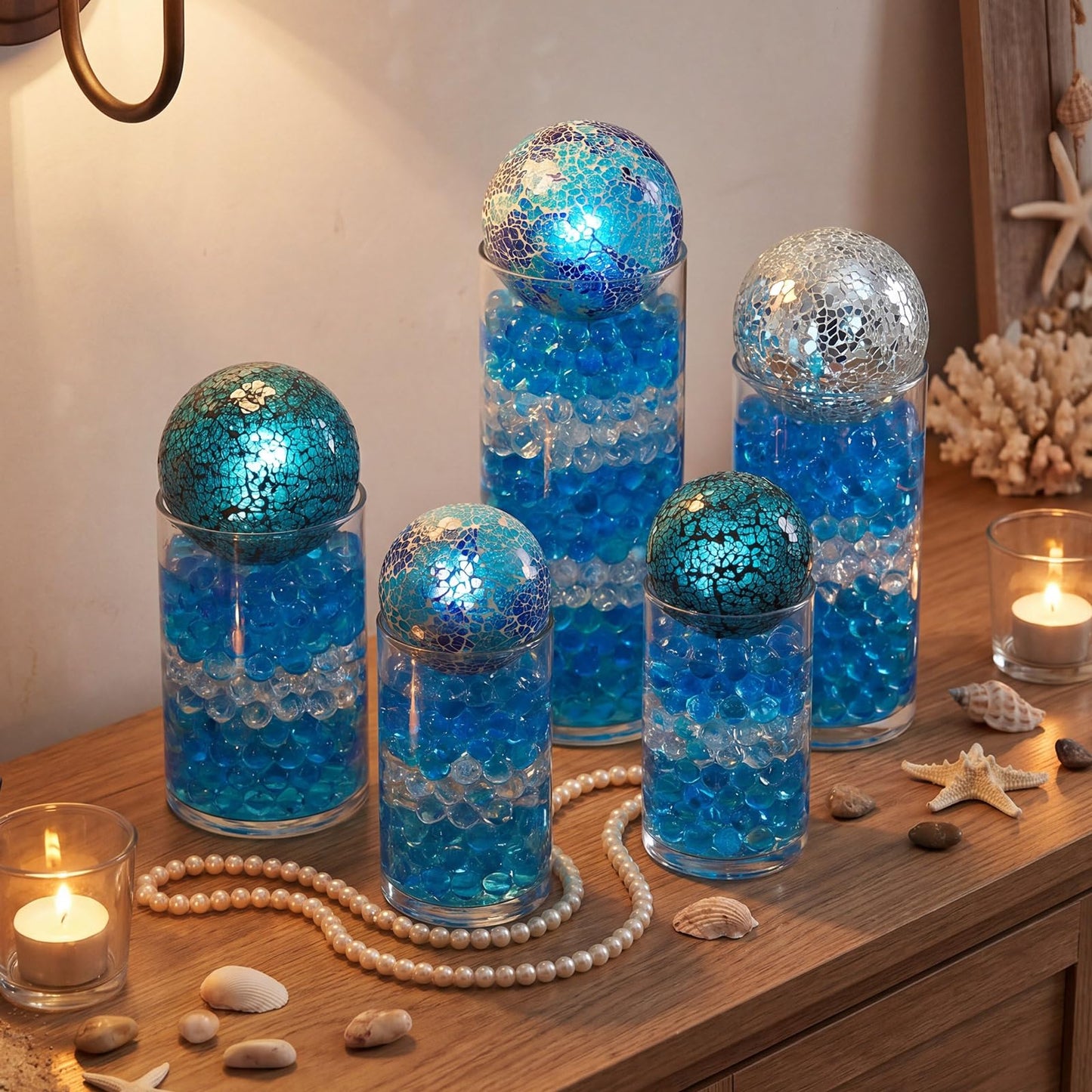 Qinyoung White 8 Pcs Decorative Ball for Bowls, 3'' 4'' Glass Mosaic Sphere Decorative Orbs for Centerpiece Bowls Vase Fillers, Wedding, Party, Coffee Table & Home Decor (Blue,Cyan)