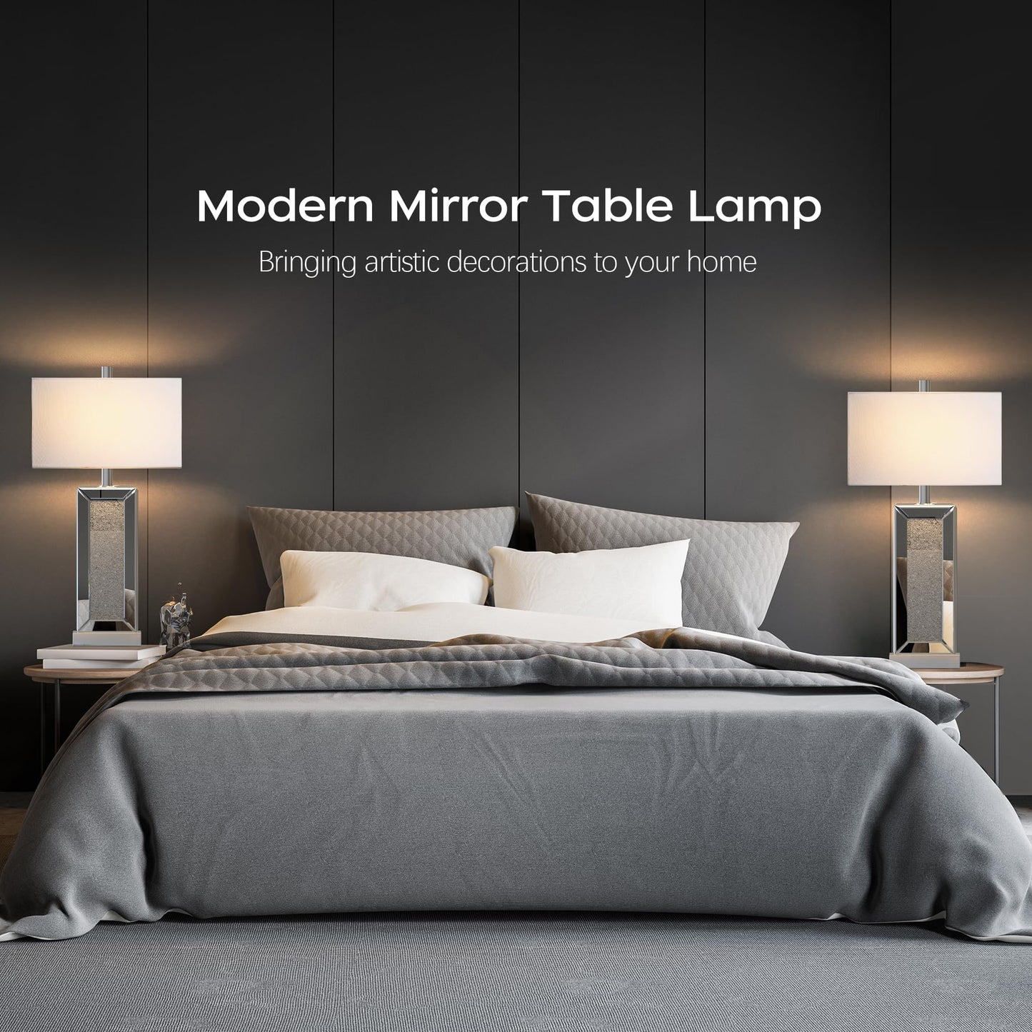 Modern Table Lamp Set of 2 Touch Control, Silver Mirror Diamond Crystal Bedside Lamp with USB C+A Ports, 3-Way Dimmable Mirrored Nightstand Lamps White Fabric Shade for Living Room Bedroom Art Decor