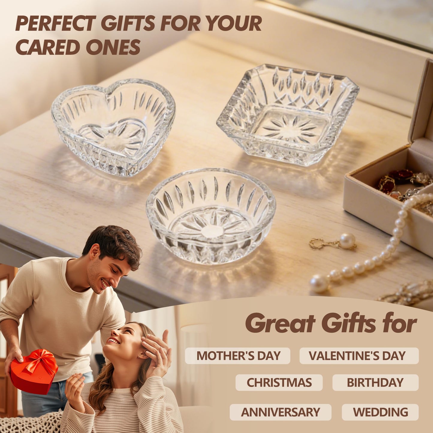 LOULIQIGIFT Set of 3 Clear Jewelry Dish Tray for Women Crystal Ring Holder for Wedding Engagement Birthday Mother's Day(Round, Square, Heart)