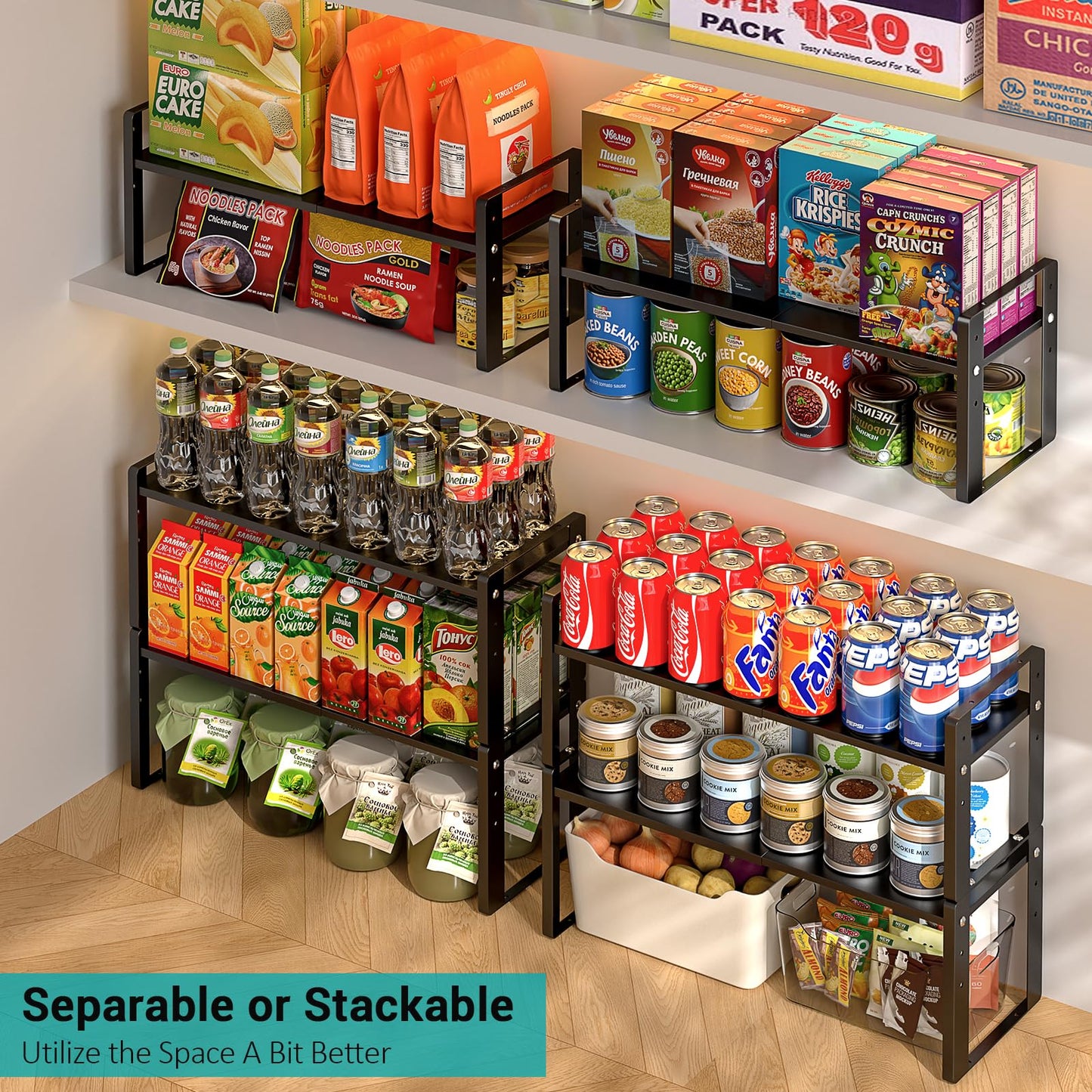 Astrorhine 2 Pack Expandable Cabinet Organizer Shelves, 88lbs High Weight Capacity, Stackable Heavy-Duty Metal Storage Rack, Adjustable Cabinet Shelf for Kitchen, Pantry, Cupboard, Under Sink, Black