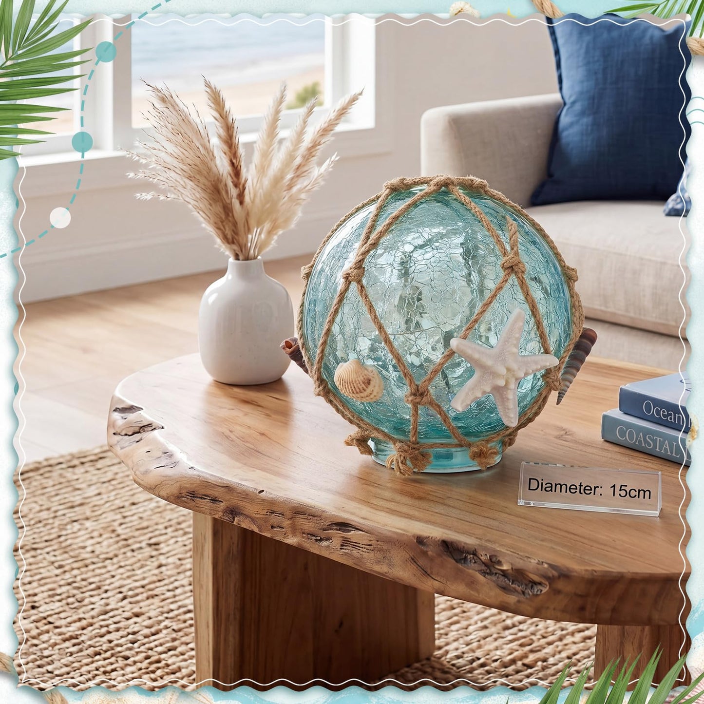 Fumete 6 Inch Glass Fishing Float Nautical Lamp Coastal Starfish Seashell Beach Decor Blue Cracked Glass Ball Night Light for Summer Beach Coastal Bathroom Home Decor Gifts