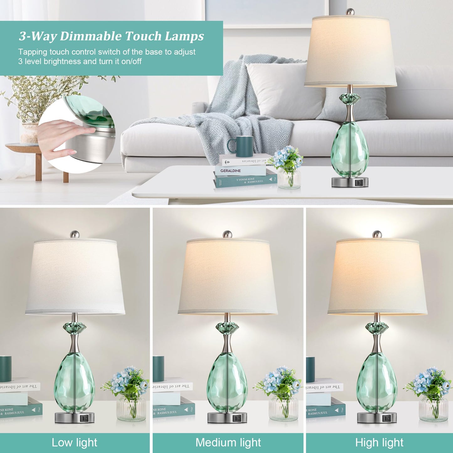 Hamucd Coastal Glass Table Lamps Set of 2, 3-Way Dimmable Touch Control Nautical Lamp with USB A+C Ports,Bedside Lamps Beach Decor, Modern Nightstand Lamps with 2 LED Bulbs for Bedroom Living Room