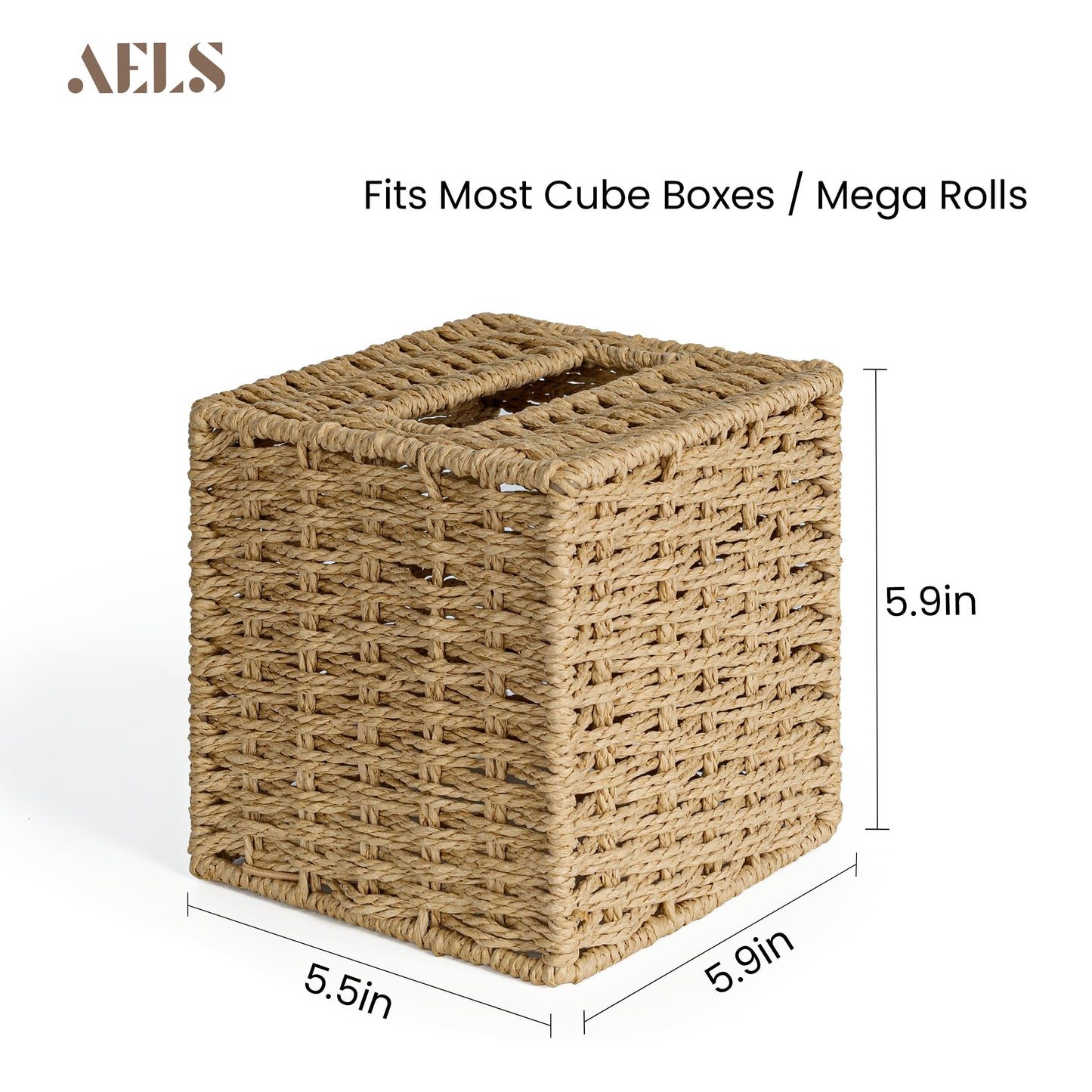 AELS Farmhouse Tissue Box Cover Square, Hand Woven Strawpaper Facial Tissue Paper Holder, Cute Tissue Box Holder Square, Boho Bathroom Decor Box for Tissues Cube Box w/Elastic Bottom, Natural