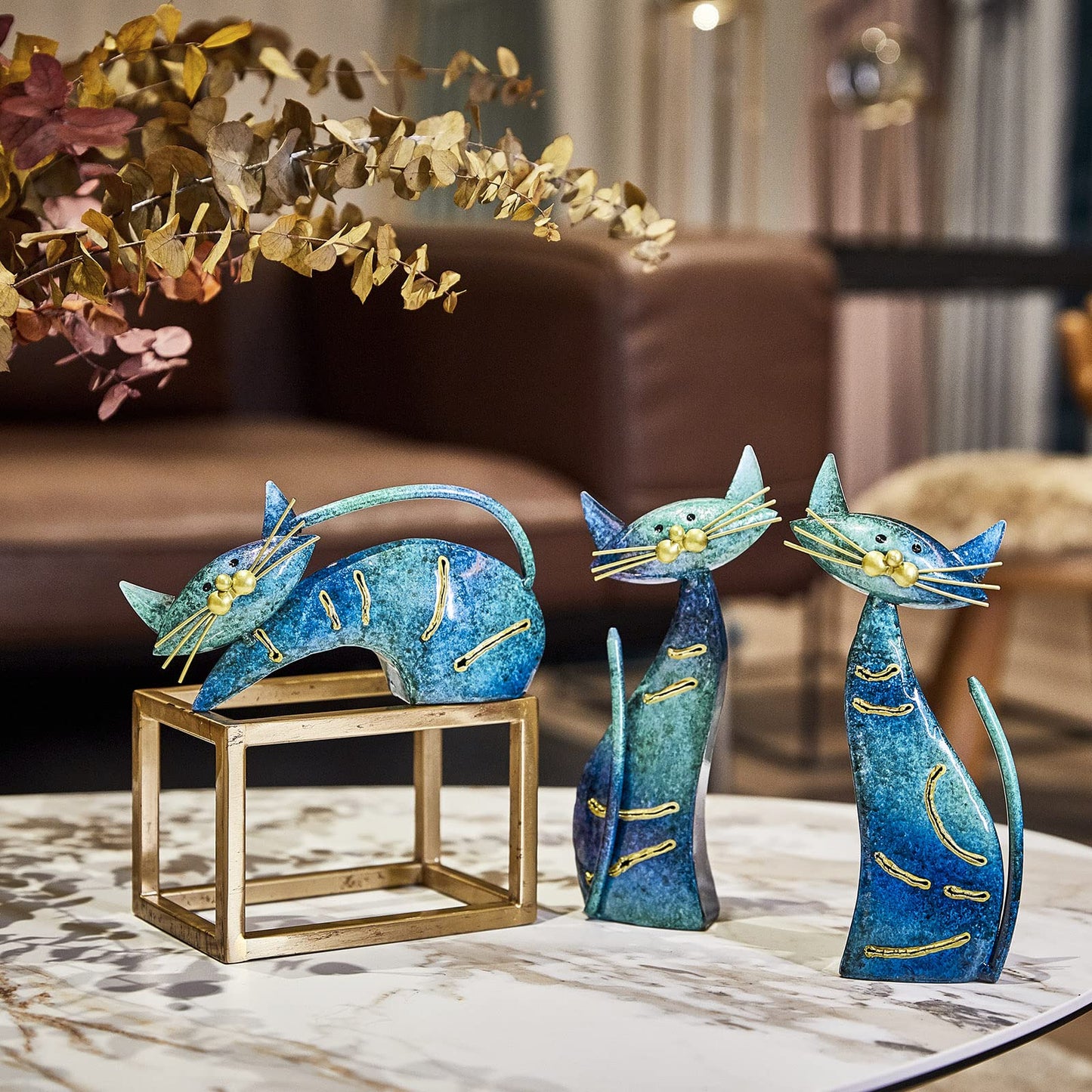 Aayla Cat Statues – Set of 3 Small Blue Aqua Cats Figurine Adorable Kitty Gift for Cat Lovers, Home Kitchen Decoration (8.5" H Blue)