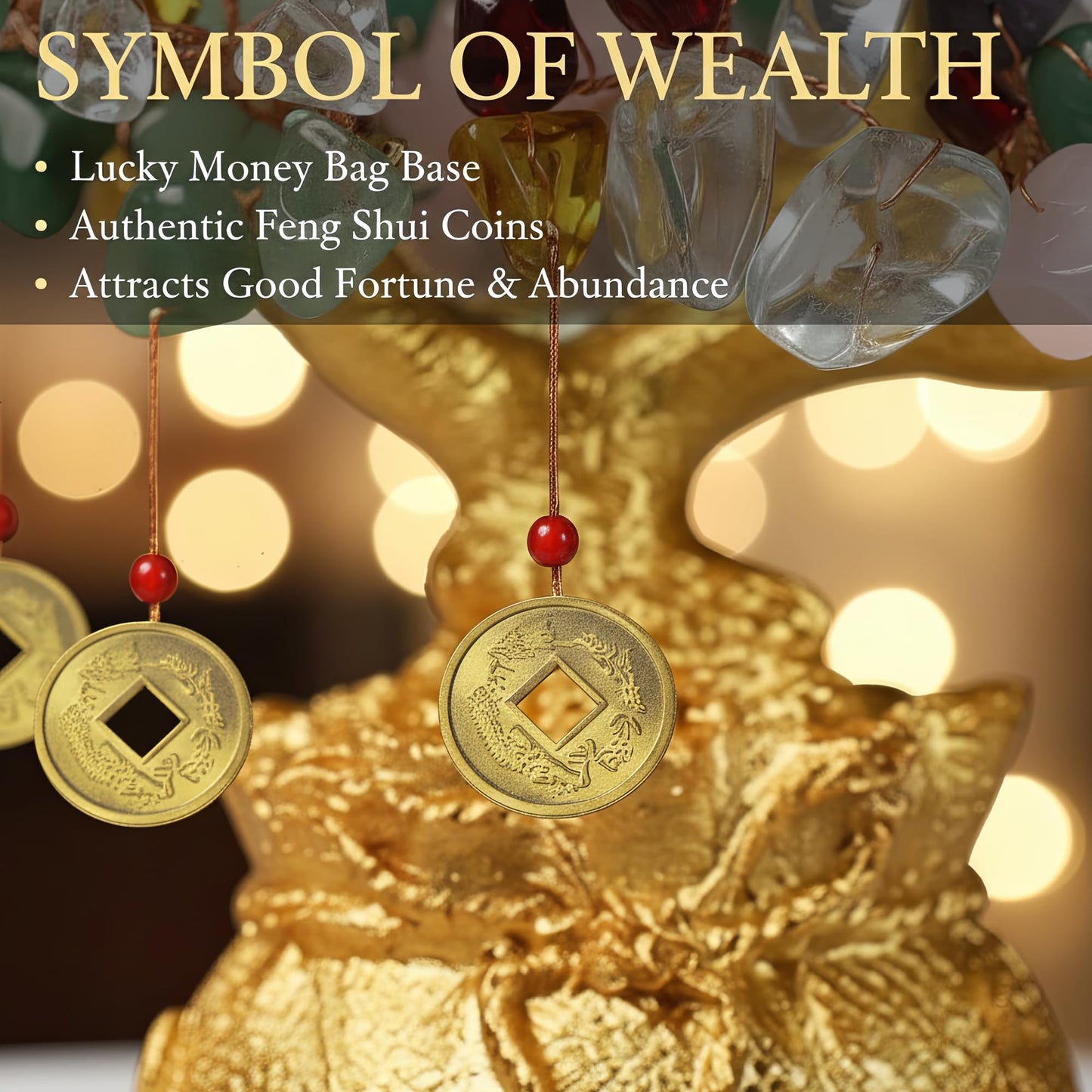 LinkWheres 7 Chakra Crystal Money Tree - Tree of Life Feng Shui Wealth Decor - Golden Money Bag Bonsai - Multi Gemstone Lucky Statue for Home Office (5.5 Inch)